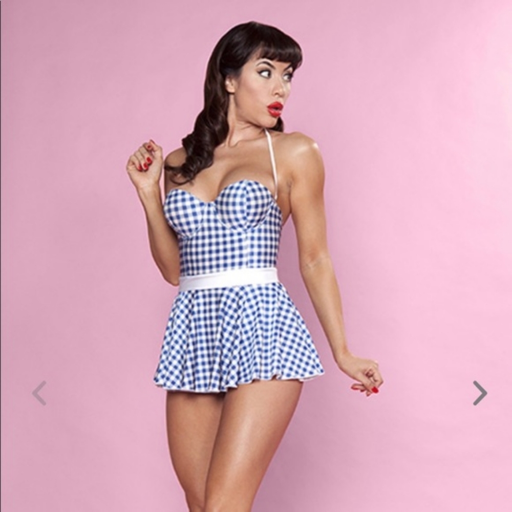 Bettie Page blue gingham swimsuit